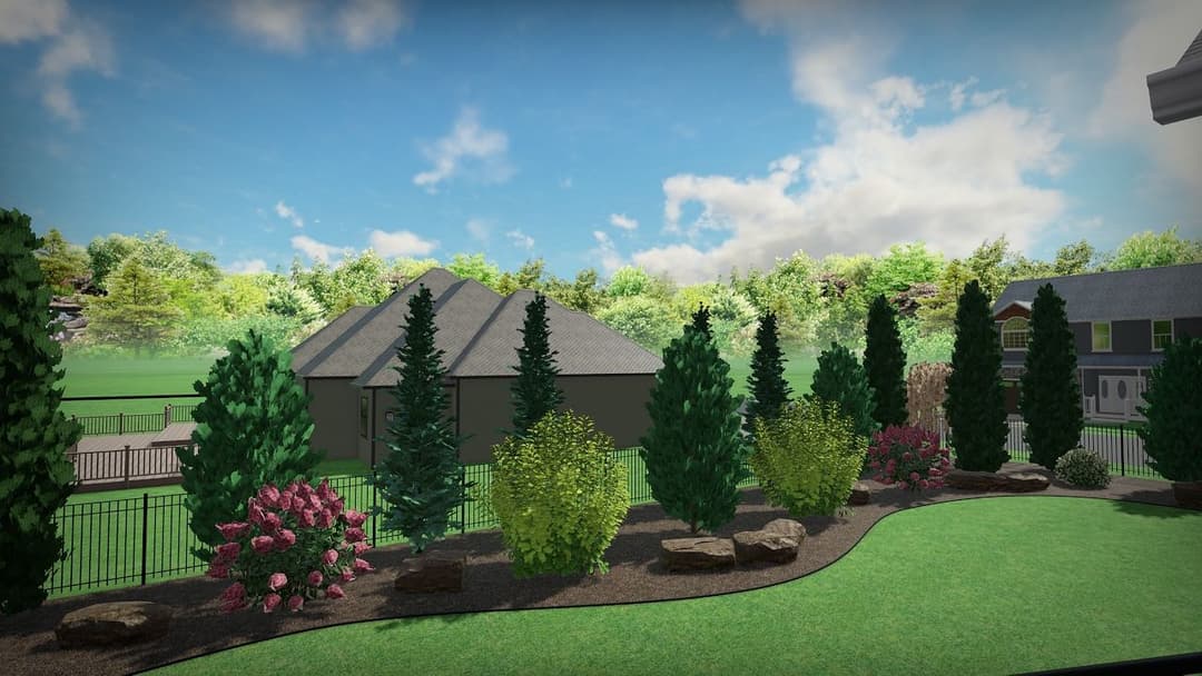 3D rendering of a landscaped backyard with shrubs, trees, and a modern home.