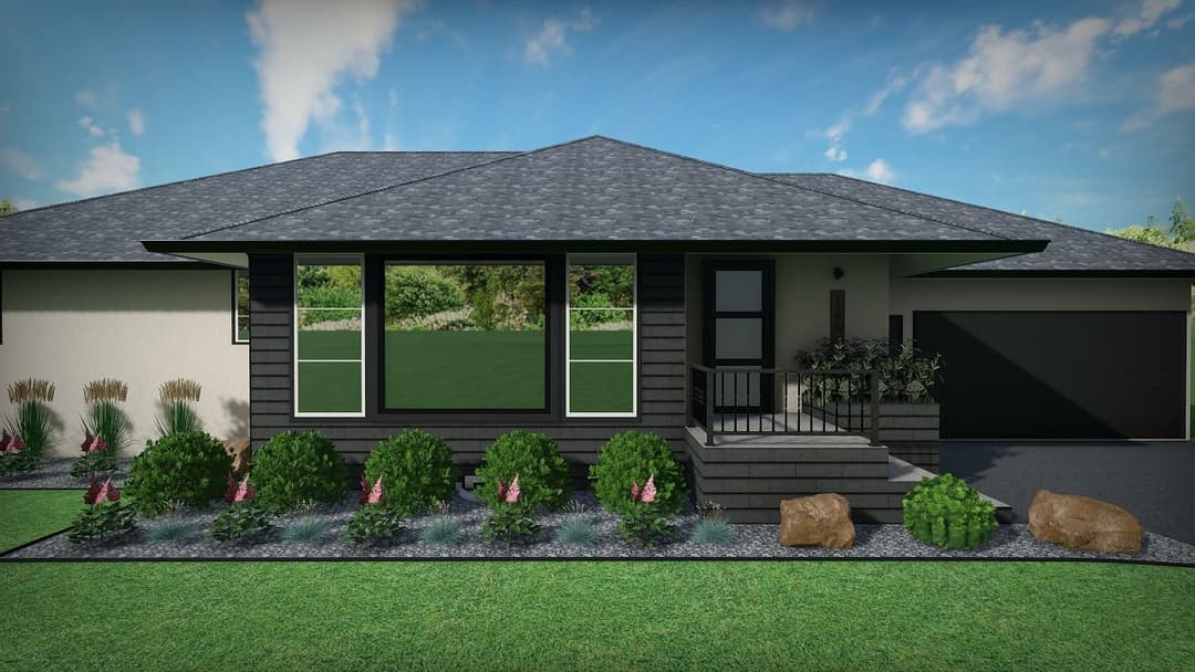 Modern house exterior with landscaped garden, stone pathway, and elegant porch.