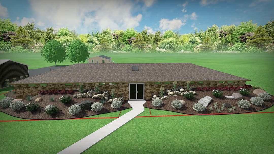 3D rendering of a modern stone house surrounded by landscaped gardens and a clear sky.