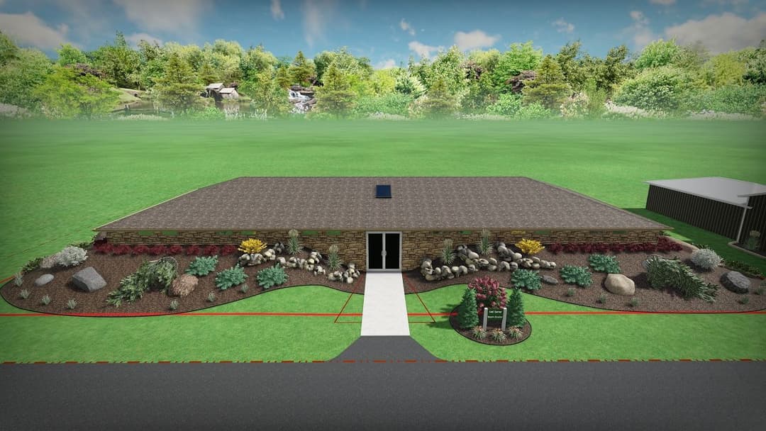 Modern home design with landscaped garden, featuring stone accents and a pathway.