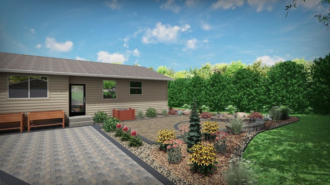 Modern home exterior with landscaped garden, stone path, colorful flowers, and lush greenery.