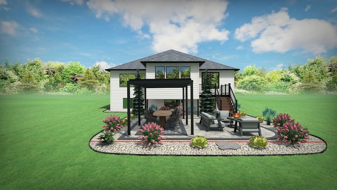 Modern house exterior with landscaped backyard, patio furniture, and lush greenery.