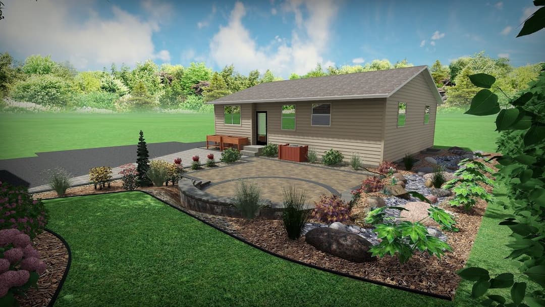 Modern single-story home surrounded by landscaped garden and stone pathway.