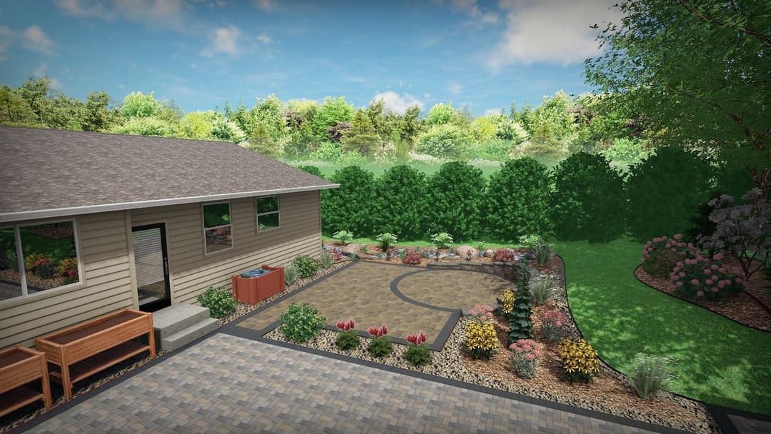 Backyard landscape design featuring patio, colorful flowers, and greenery near a house.